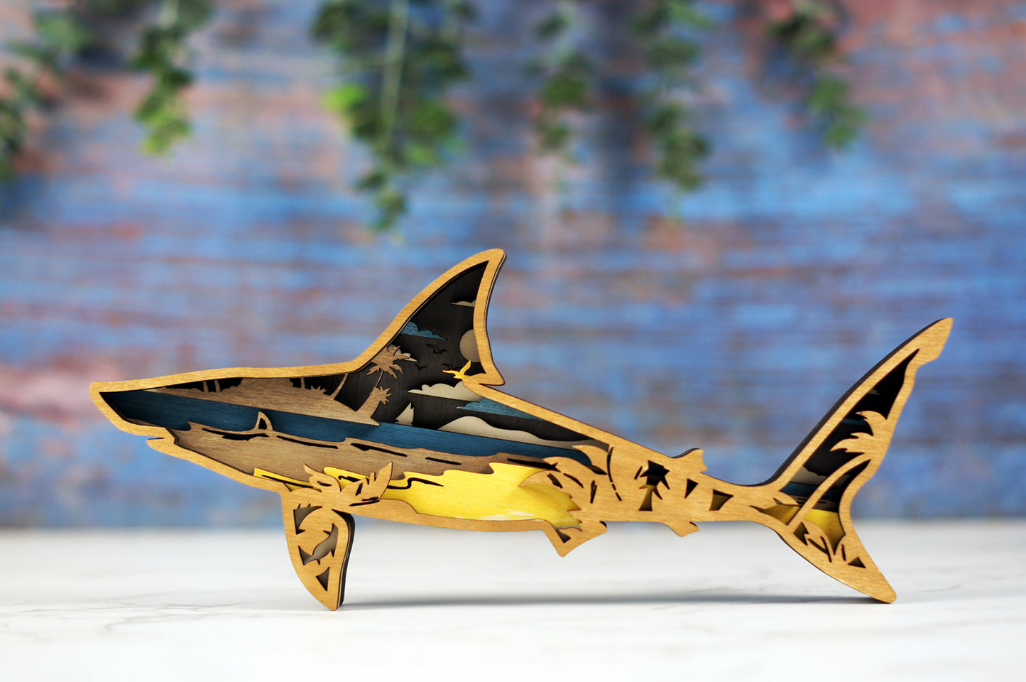 3D Wooden Jaws Shark carved with lights ,Wooden Underwater World Scene,Desktop ornaments,Wall Decoration,Door Decor,Free Engraving