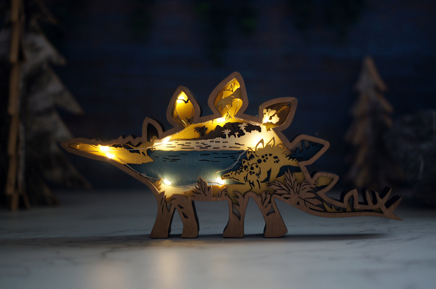 3D Wooden Stegosaurus carved with lights ,Wooden Dinosaur Scene,Desktop ornaments,Wall Decoration,Door Decor,Free Engraving