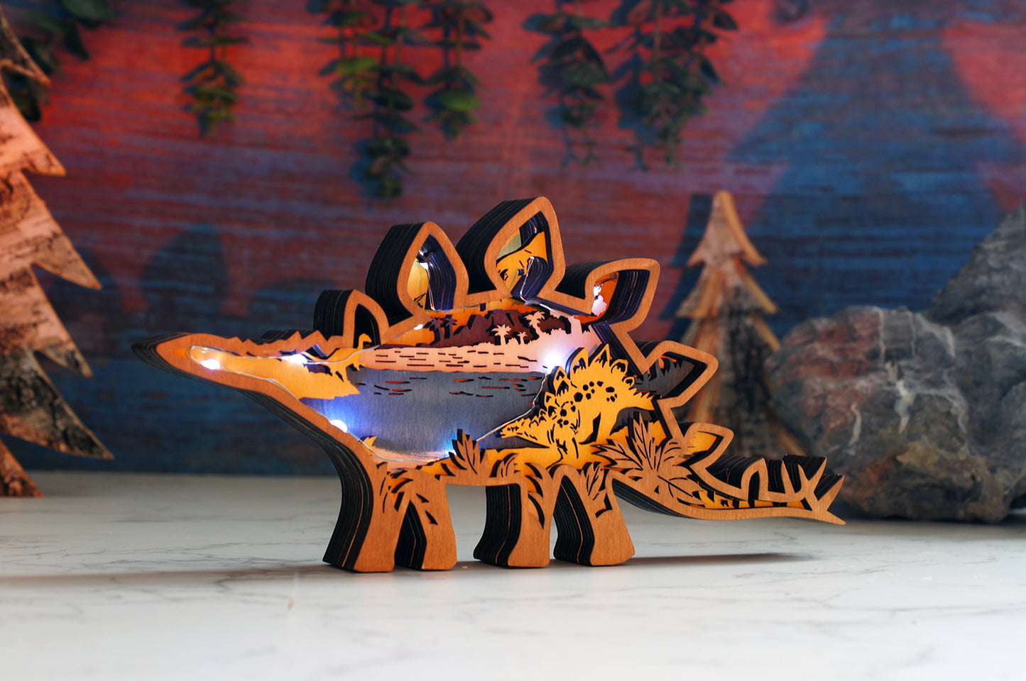 3D Wooden Stegosaurus carved with lights ,Wooden Dinosaur Scene,Desktop ornaments,Wall Decoration,Door Decor,Free Engraving