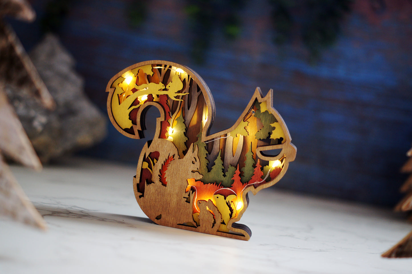 3D Wooden Squirrel carved with lights ,Wooden Forest Scene,Desktop ornaments,Wall Decoration,Door Decor,Free Engraving