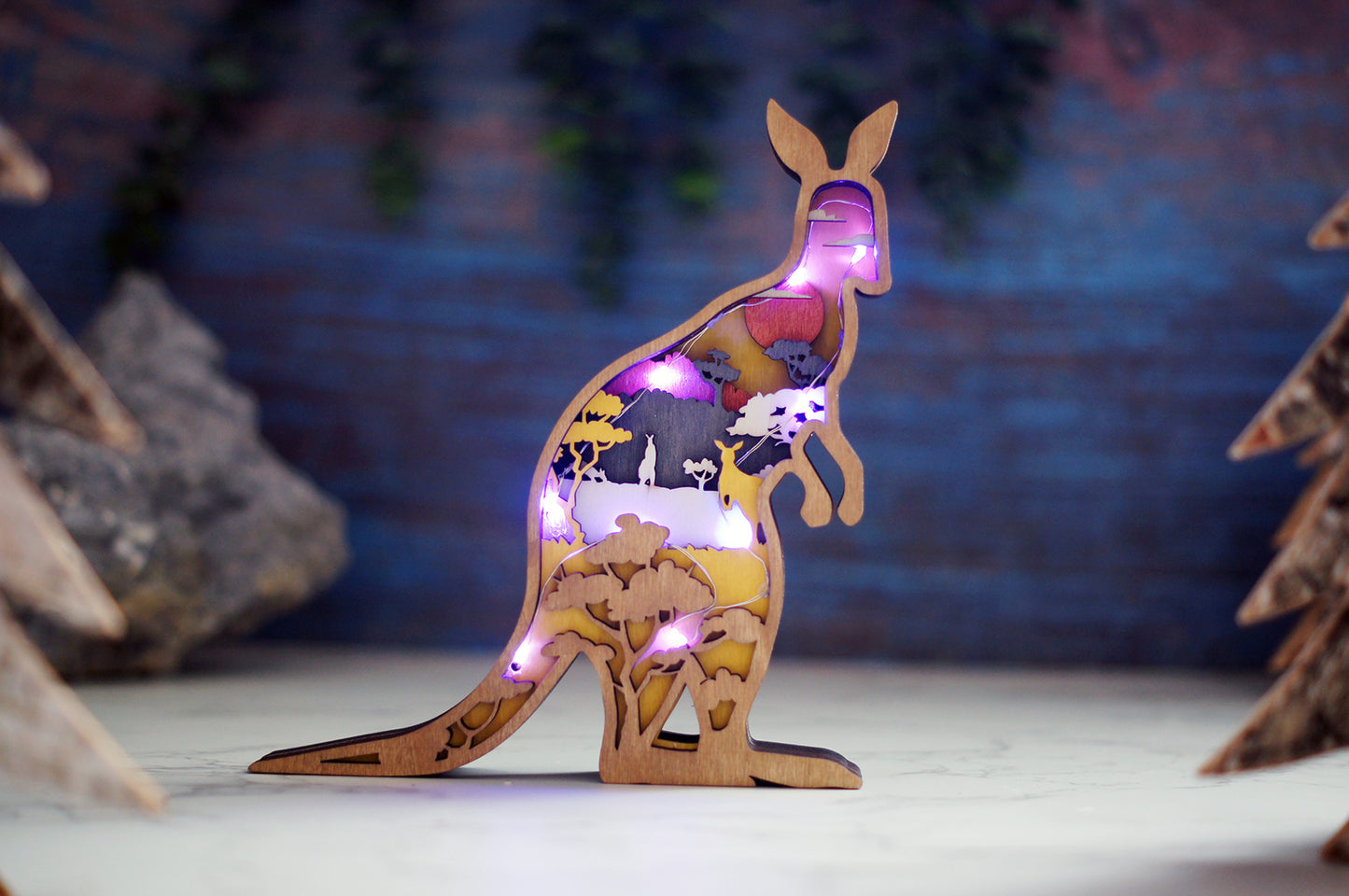 3D Wooden Kangaroo carved with lights ,Wooden Forest Scene,Desktop ornaments,Wall Decoration,Door Decor,Free Engraving