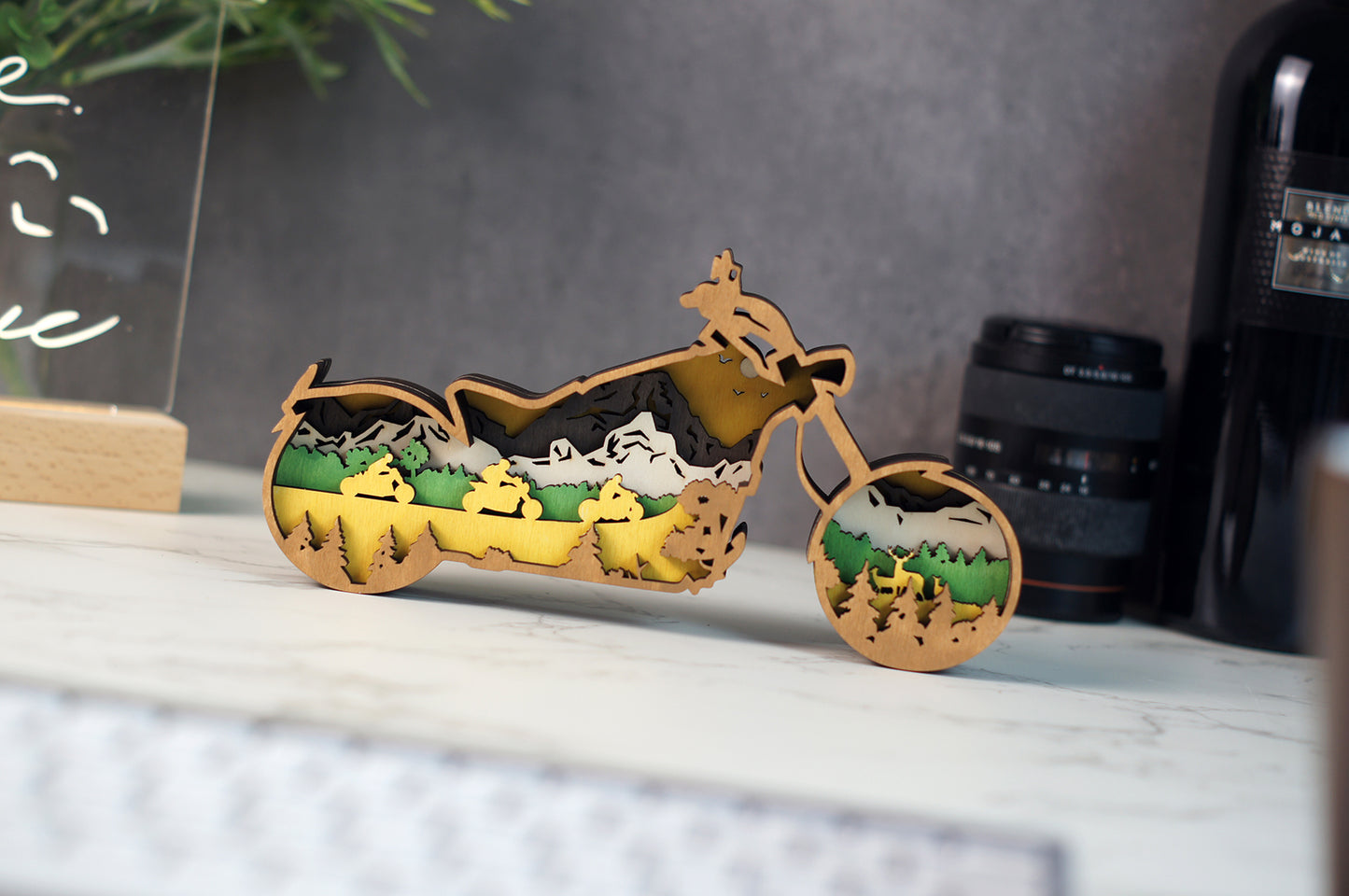3D Wooden Motorcycle carved with lights ,Wooden Cross Country Scene,Desktop ornaments,Wall Decoration,Door Decor,Free Engraving