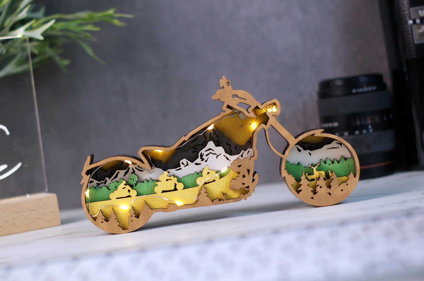 3D Wooden Motorcycle carved with lights ,Wooden Cross Country Scene,Desktop ornaments,Wall Decoration,Door Decor,Free Engraving