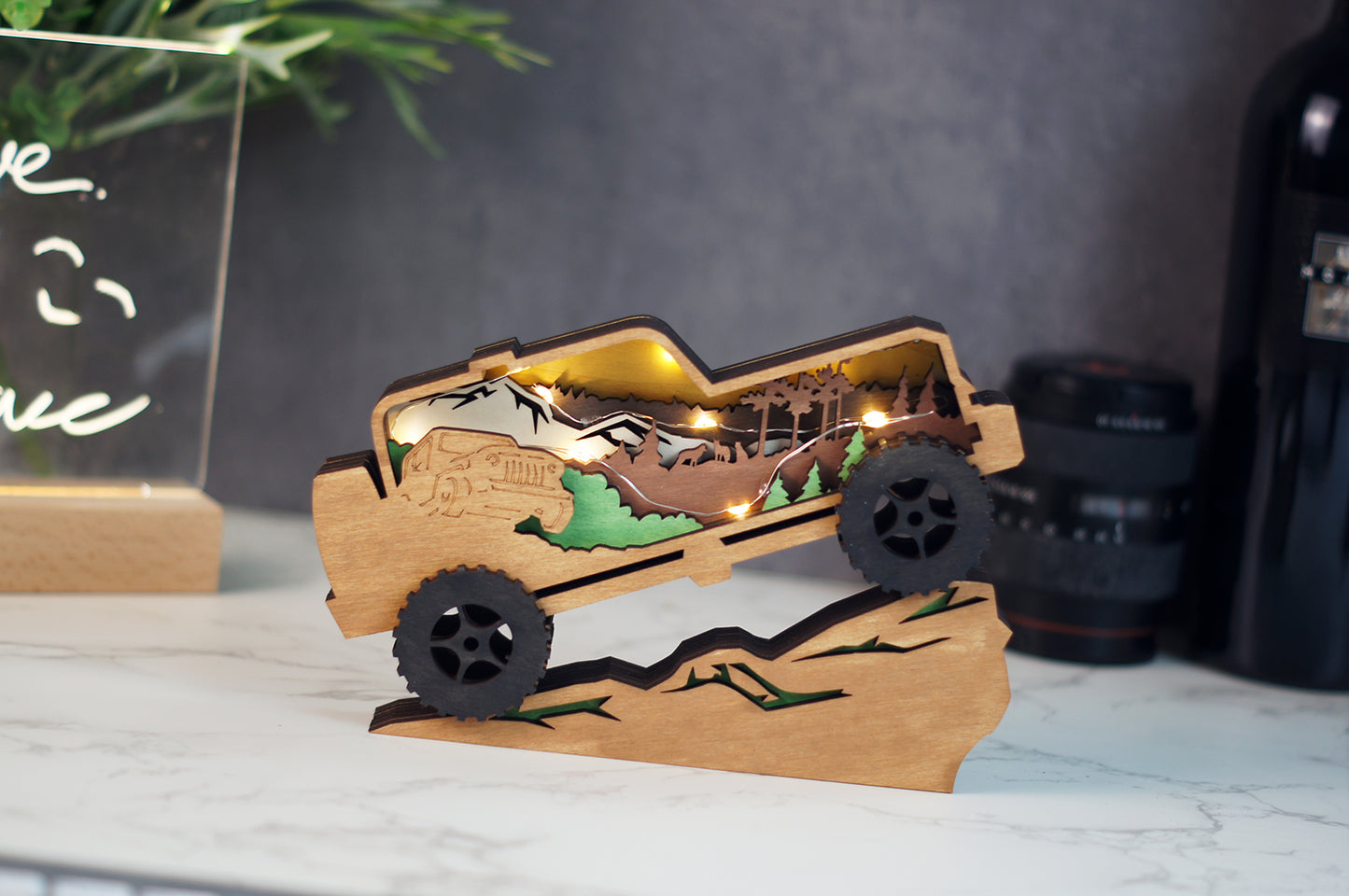 3D Wooden Off-Road Vehicle carved with lights ,Wooden Cross Country Scene,Desktop ornaments,Wall Decoration,Door Decor,Free Engraving