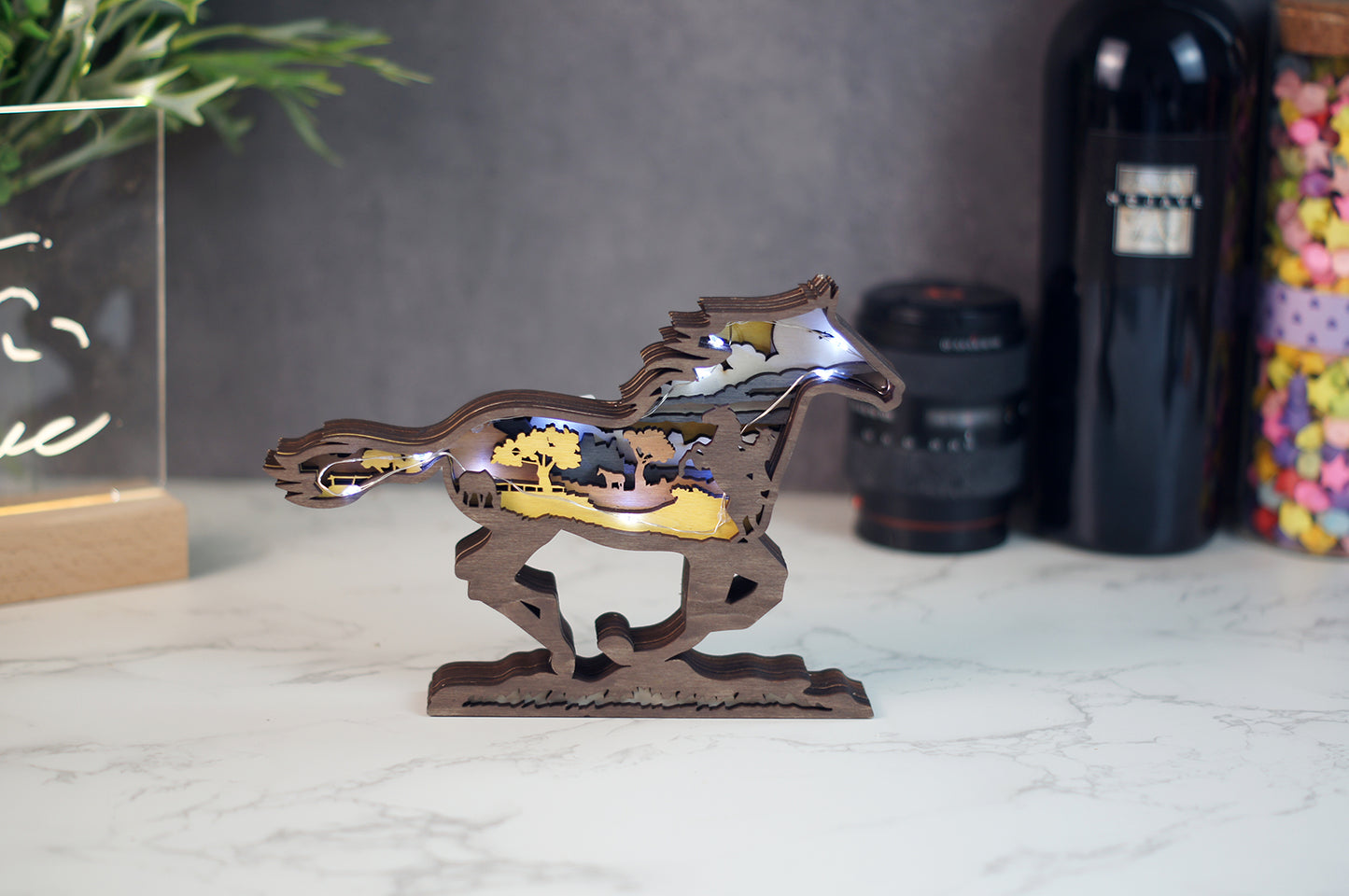 3D Wooden Running Horse carved with lights ,Wooden Forest Scene,Desktop ornaments,Wall Decoration,Door Decor,Free Engraving
