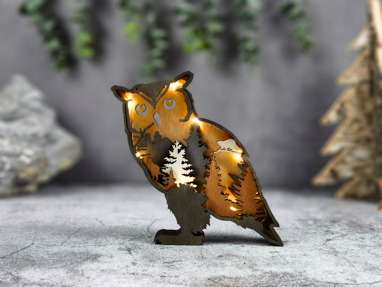3D Wooden Owl carved with lights ,Wooden Forest Scene,Desktop ornaments,Wall Decoration,Door Decor,Free Engraving