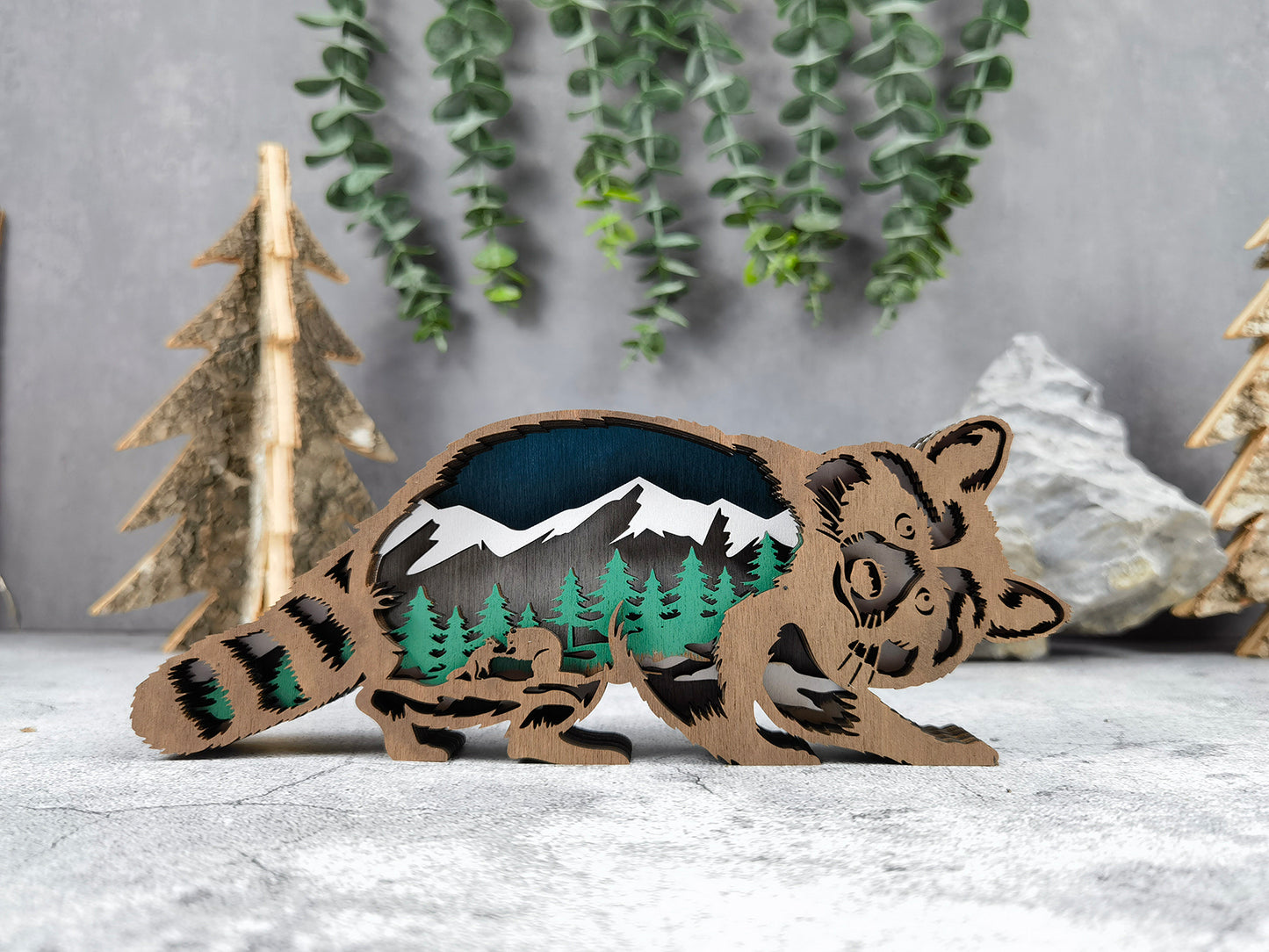 3D Wooden Raccoon carved with lights ,Wooden Forest Scene,Desktop ornaments,Wall Decoration,Door Decor,Free Engraving