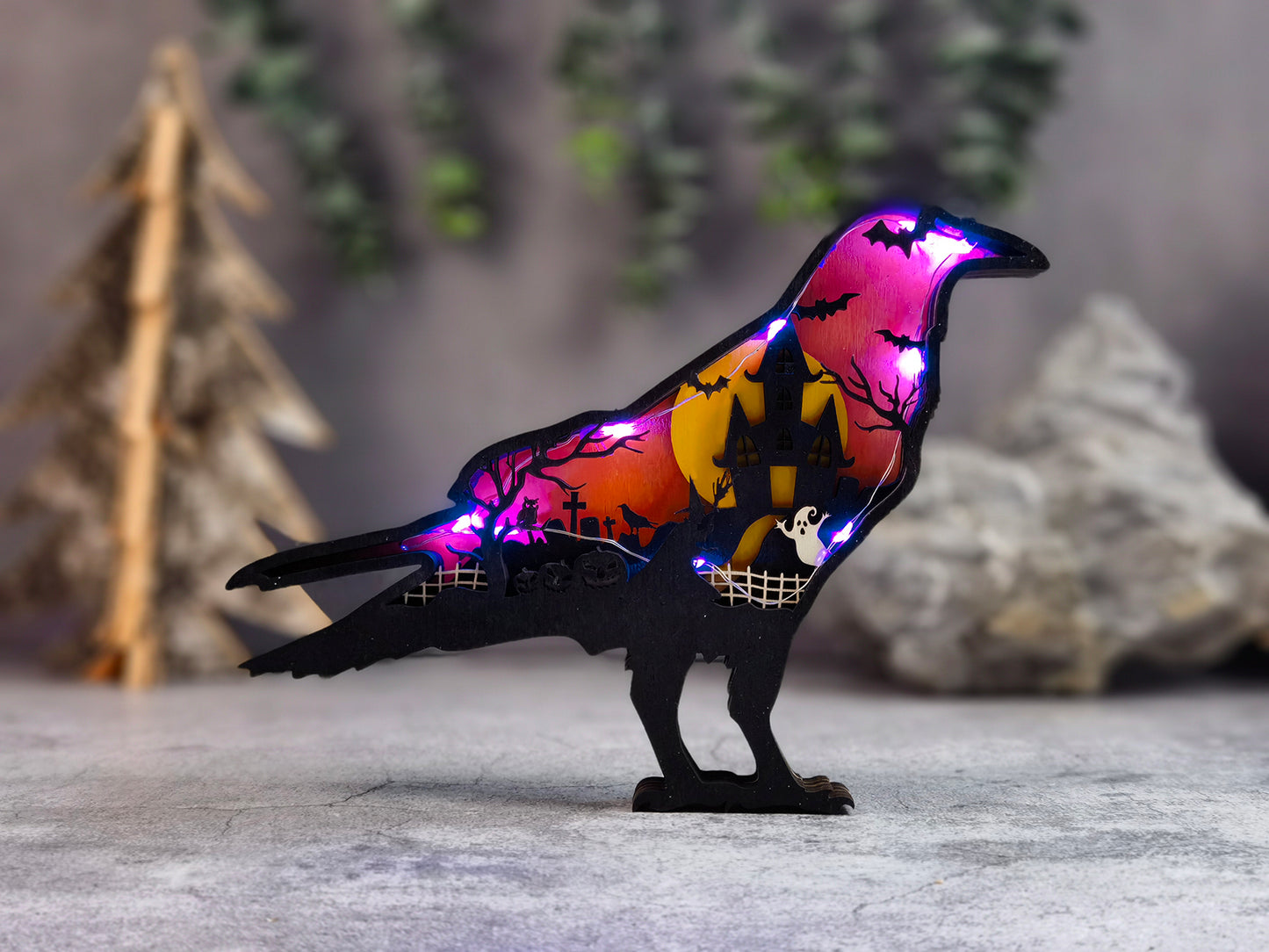 3D Wooden Crow carved with lights ,Wooden Forest Scene,Desktop ornaments,Wall Decoration,Door Decor,Free Engraving