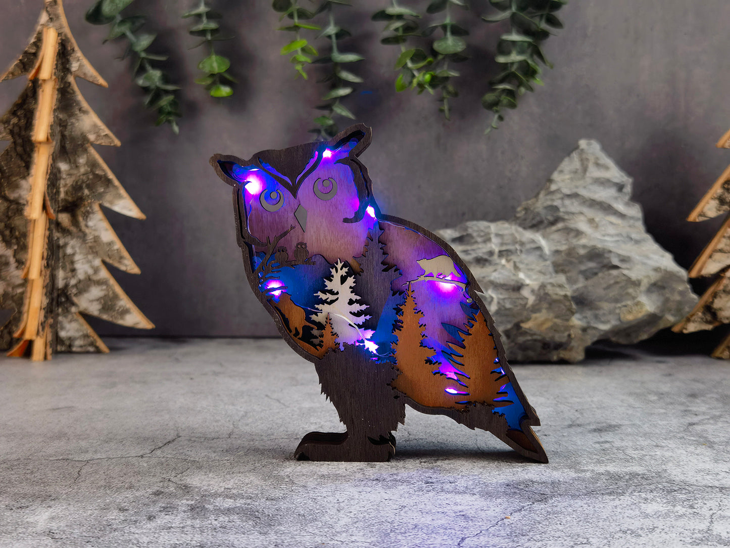 3D Wooden Owl carved with lights ,Wooden Forest Scene,Desktop ornaments,Wall Decoration,Door Decor,Free Engraving