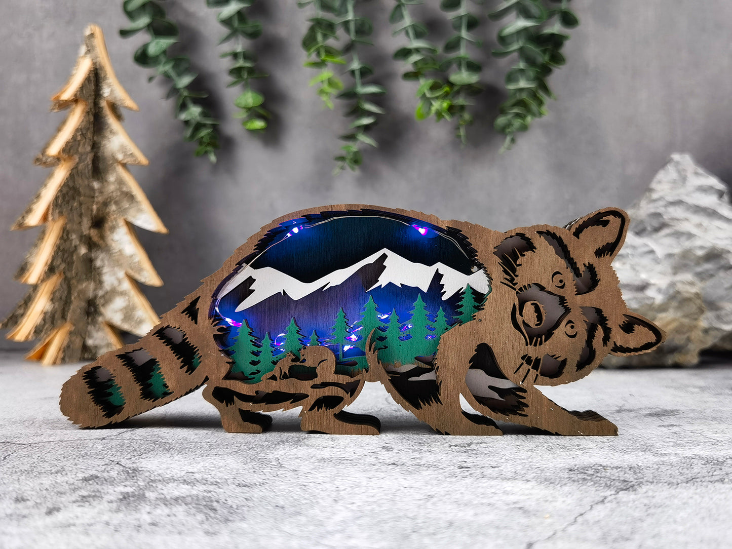 3D Wooden Raccoon carved with lights ,Wooden Forest Scene,Desktop ornaments,Wall Decoration,Door Decor,Free Engraving