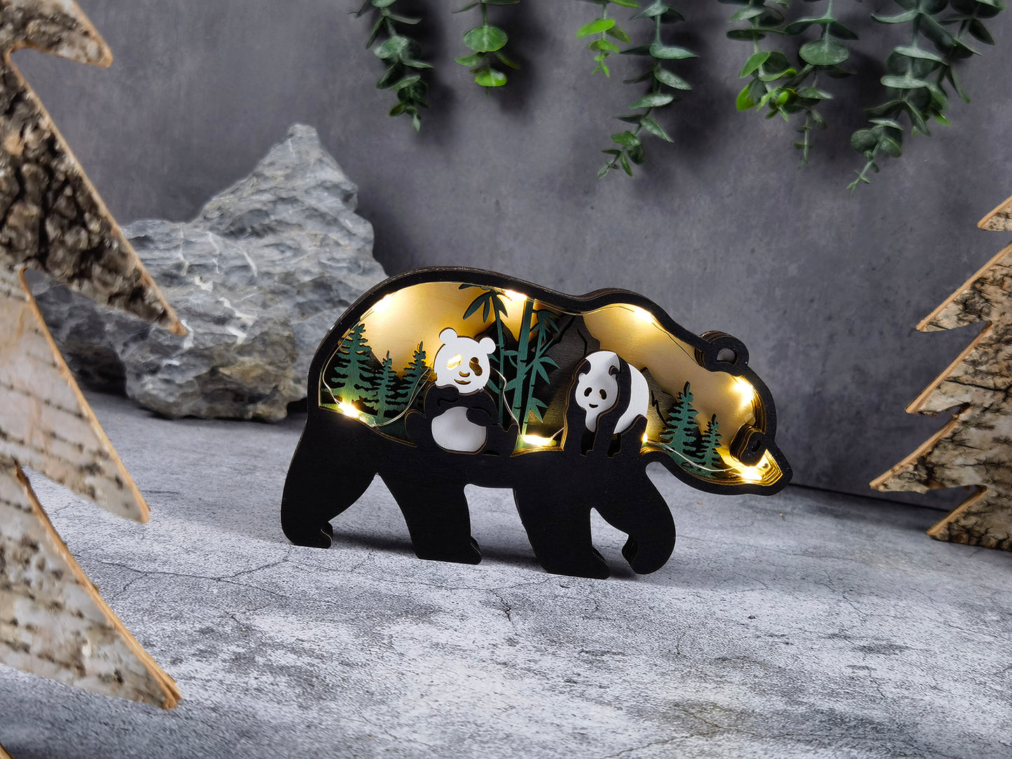 3D Wooden Panda carved with lights ,Wooden Forest Scene,Desktop ornaments,Wall Decoration,Door Decor,Free Engraving