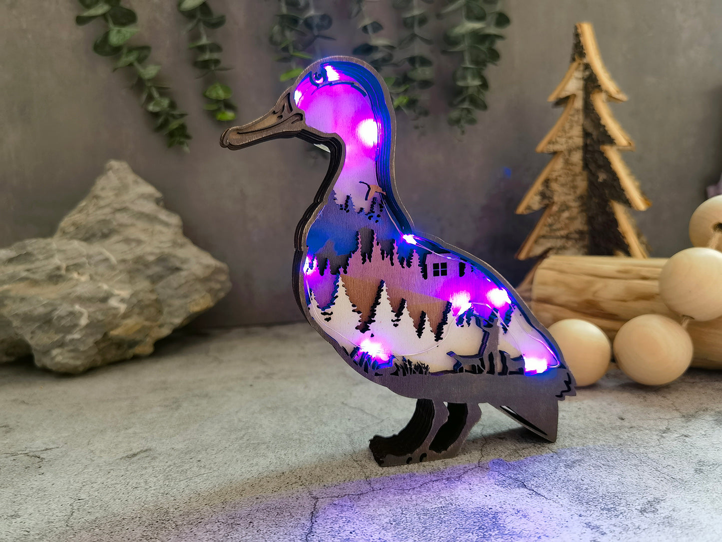 3D Wooden Mallard carved with lights ,Wooden Forest Scene,Desktop ornaments,Wall Decoration,Door Decor,Free Engraving
