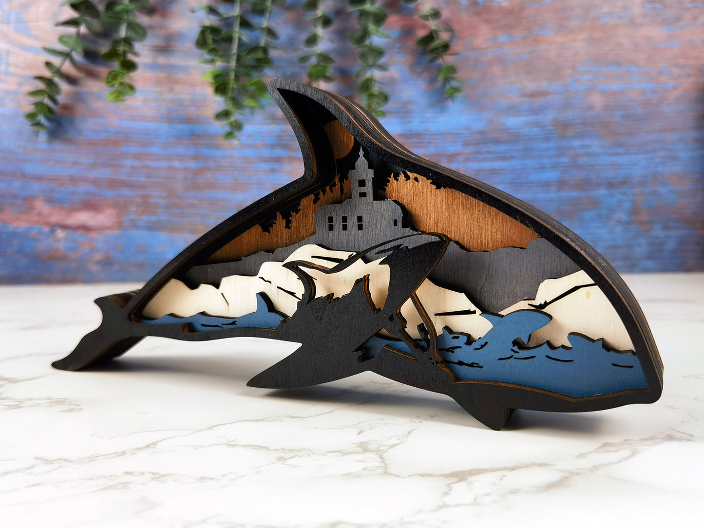 3D Wooden Whale carved with lights ,Wooden Underwater World Scene,Desktop ornaments,Wall Decoration,Door Decor,Free Engraving
