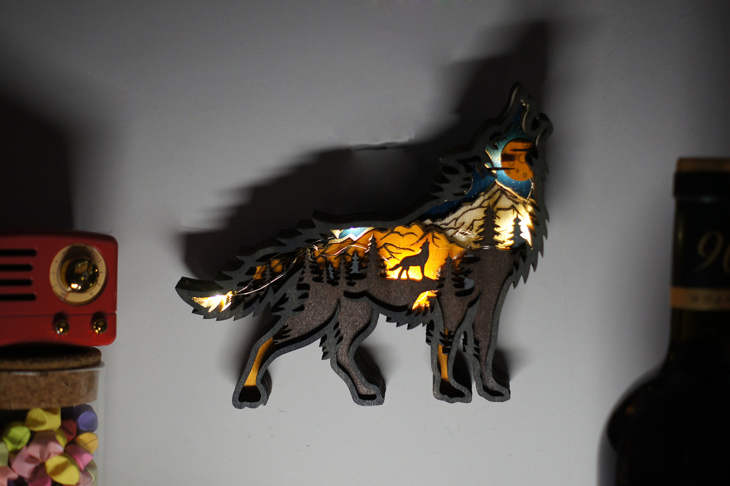 3D Wooden Wolf carved with lights ,Wooden Forest Scene,Desktop ornaments,Wall Decoration,Door Decor,Free Engraving