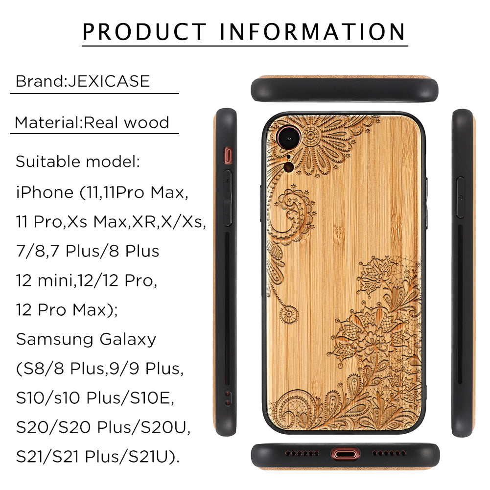 Engravable Mandala Wooden Phone Case For iPhone 11/12/13 Pro Max,iPhone Xs Max Xr 7/8 Plus,Samsung Galaxy S8/S9/S10/S20/S21/S22 Plus,Note 10/20