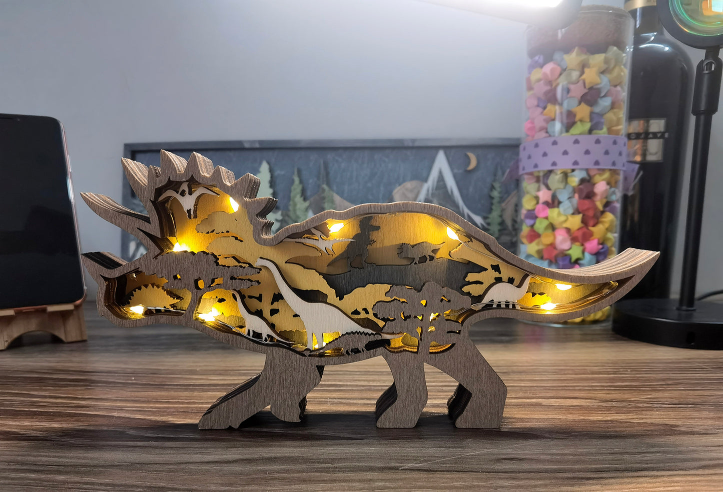 3D Wooden Triceratop carved with lights ,Wooden Dinosaur Scene,Desktop ornaments,Wall Decoration,Door Decor,Free Engraving