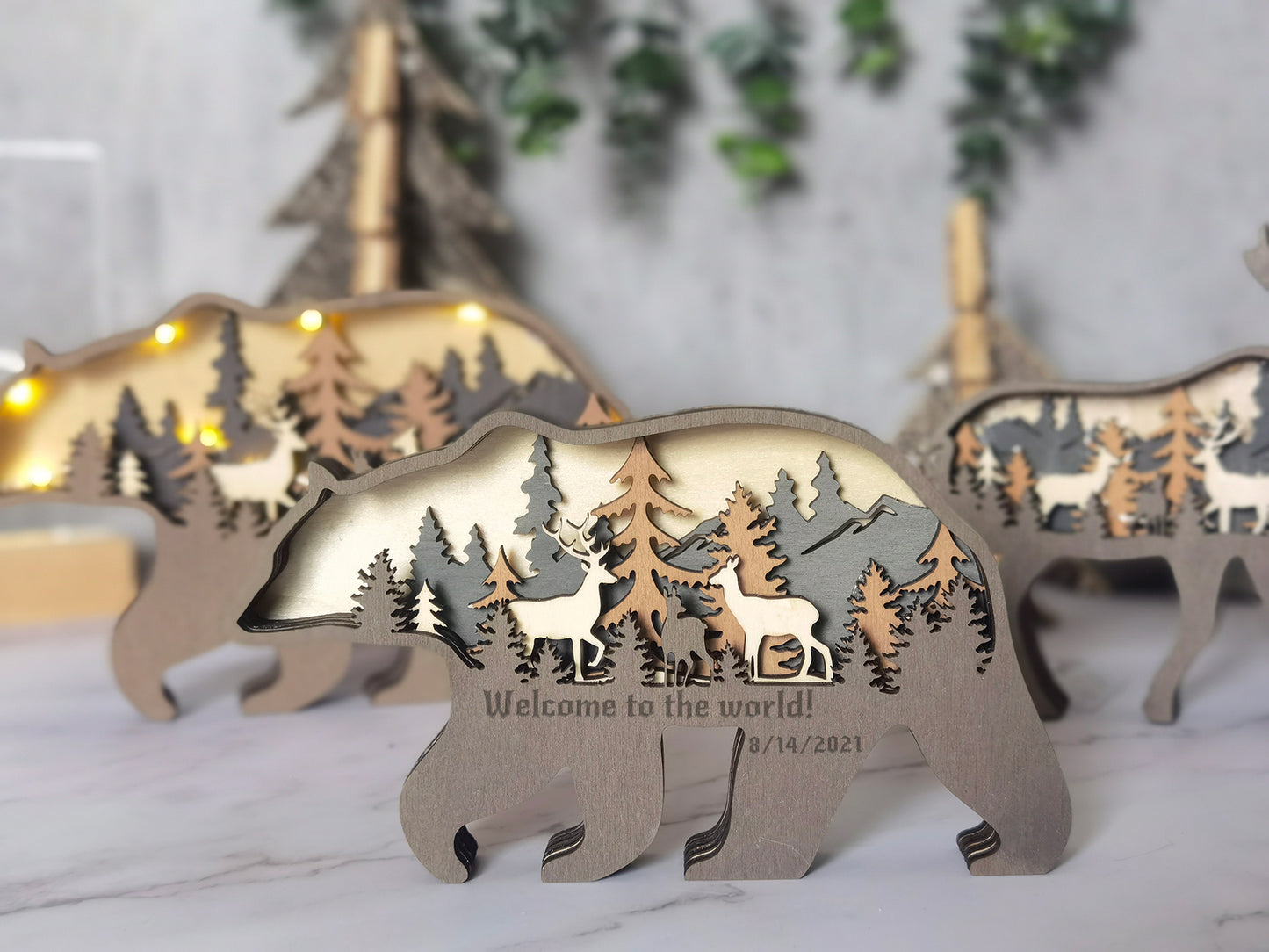 3D Wooden Bear carved with lights ,Wooden Forest Scene,Desktop ornaments,Wall Decoration,Door Decor,Free Engraving