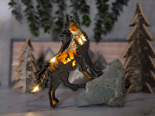 3D Wooden Wolf carved with lights ,Wooden Forest Scene,Desktop ornaments,Wall Decoration,Door Decor,Free Engraving