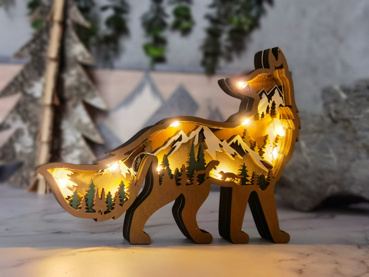 3D Wooden Fox carved with lights ,Wooden Forest Scene,Desktop ornaments,Wall Decoration,Door Decor,Free Engraving