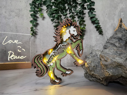 3D Wooden Horse carved with lights ,Wooden Forest Scene,Desktop ornaments,Wall Decoration,Door Decor,Free Engraving
