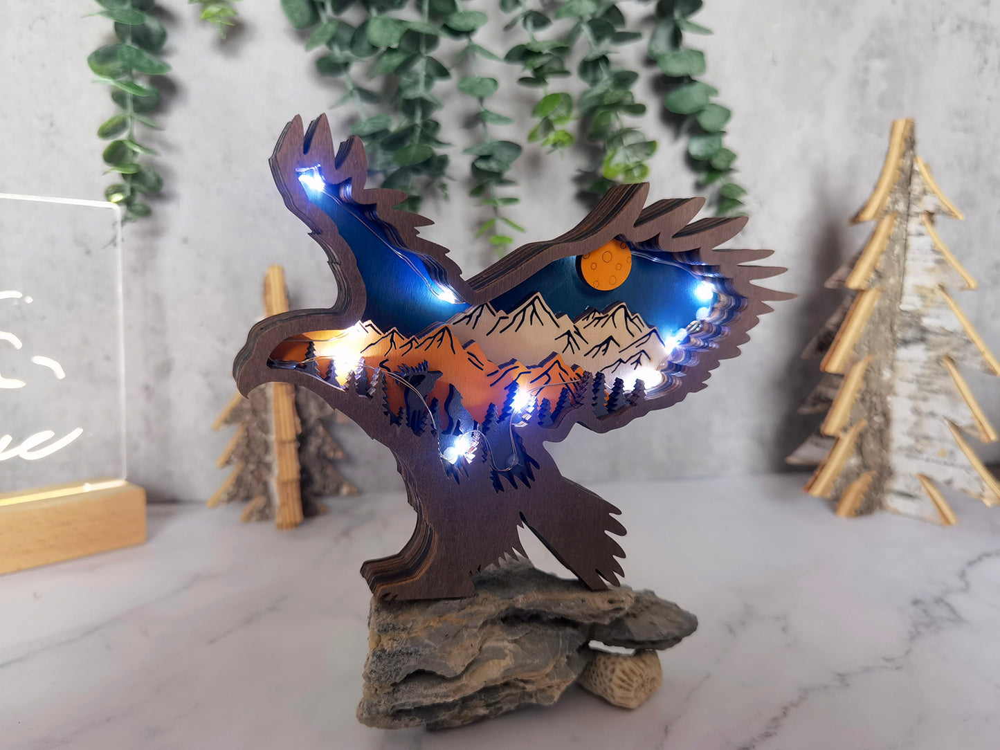3D Wooden Eagle carved with lights ,Wooden Forest Scene,Desktop ornaments,Wall Decoration,Door Decor,Free Engraving