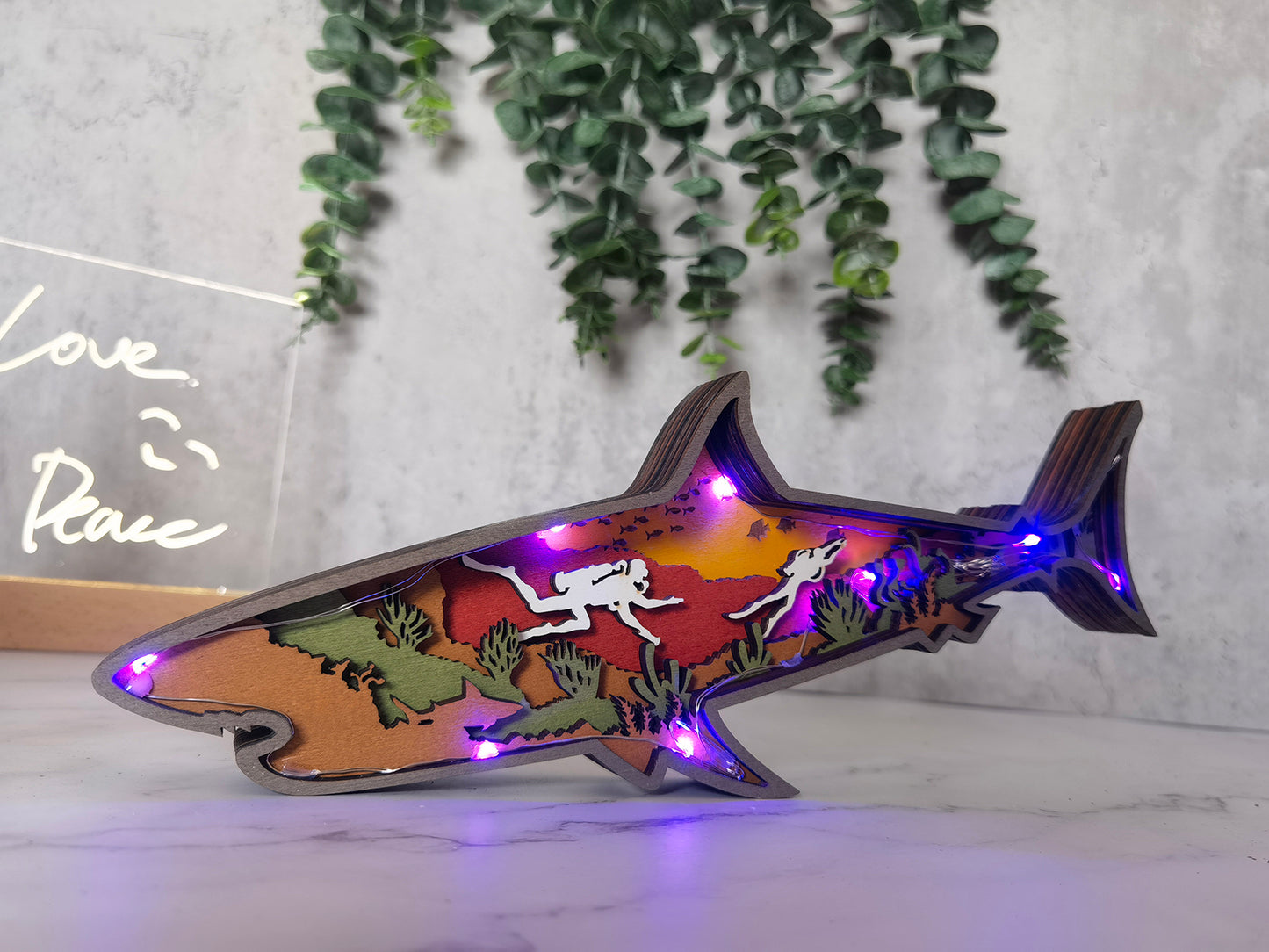 3D Wooden Shark carved with lights ,Wooden Underwater World Scene,Desktop ornaments,Wall Decoration,Door Decor,Free Engraving