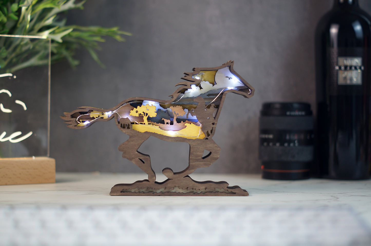 3D Wooden Running Horse carved with lights ,Wooden Forest Scene,Desktop ornaments,Wall Decoration,Door Decor,Free Engraving