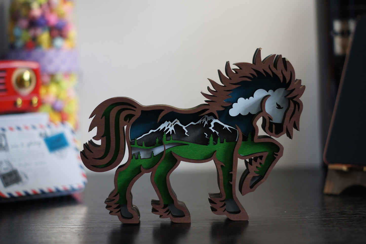 3D Wooden Horse carved with lights ,Wooden Forest Scene,Desktop ornaments,Wall Decoration,Door Decor,Free Engraving