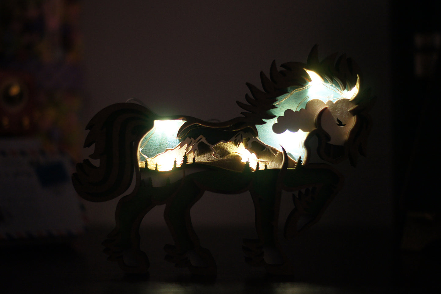 3D Wooden Horse carved with lights ,Wooden Forest Scene,Desktop ornaments,Wall Decoration,Door Decor,Free Engraving