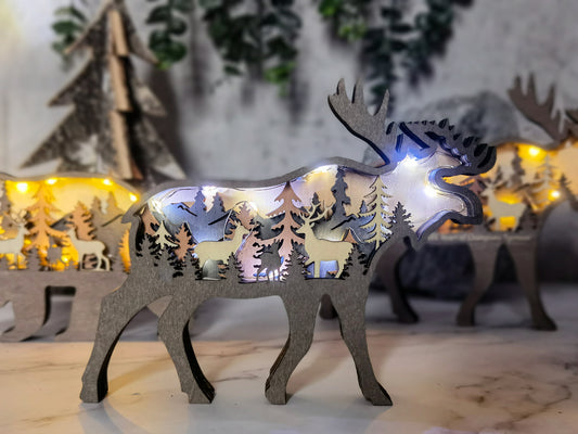 3D Wooden Moose carved with lights ,Wooden Forest Scene,Desktop ornaments,Wall Decoration,Door Decor,Free Engraving