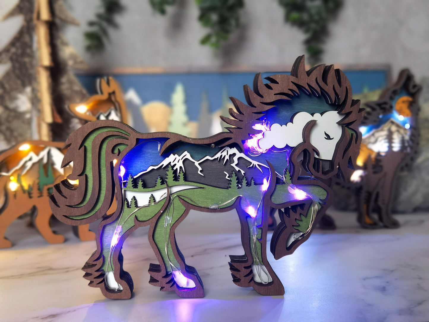 3D Wooden Horse carved with lights ,Wooden Forest Scene,Desktop ornaments,Wall Decoration,Door Decor,Free Engraving